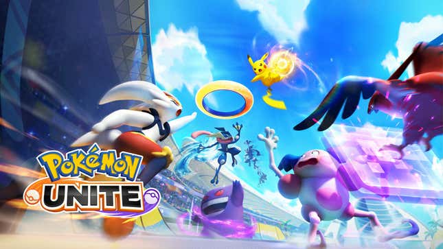 Pikachu is nearly dunking a ball into a goal as Cinderace, Mr. Mime, and Gengar attempt to stop him while fighting Greninja and Talonflame.