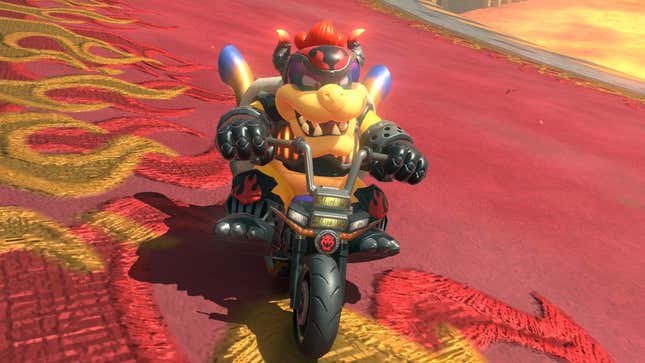 Bowser sits on a motorcycle wearing a cool outfit.