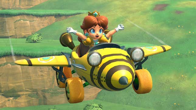 Daisy rides in a bumblebee-themed plane.