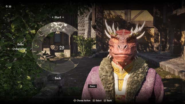 A dialogue wheel hovers over the screen while the player chats with an NPC.