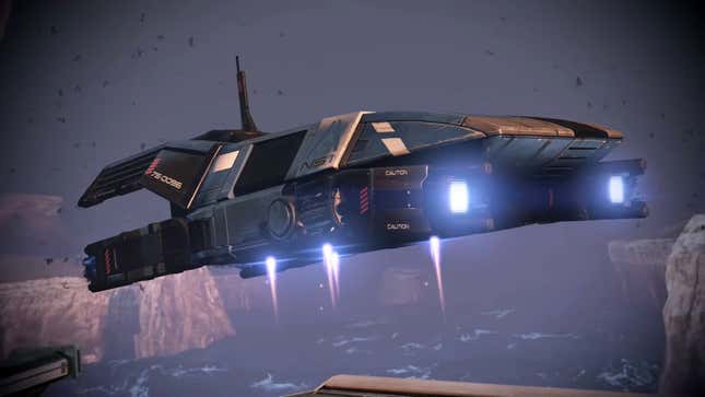 A shuttle touches down in a Mass Effect cutscene.