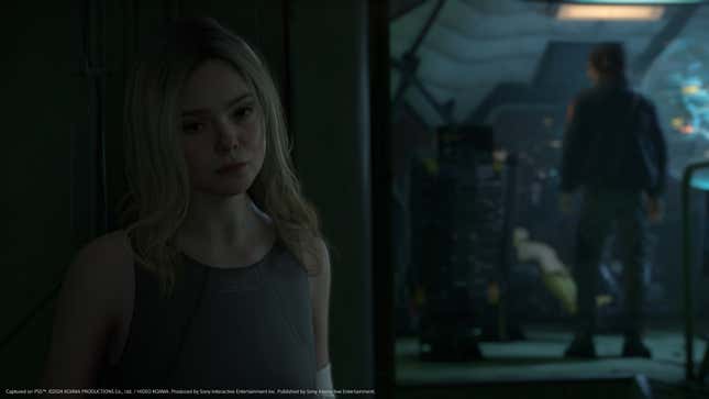 A character looks off-screen in a Death Stranding 2 cutscene.