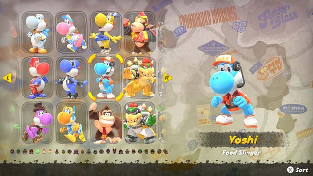 A screenshot shows outfit selections for various characters.