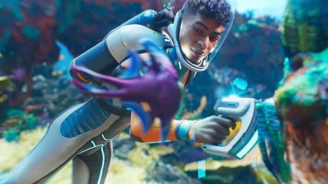 A dude stares at a purple alien fish while under the ocean.