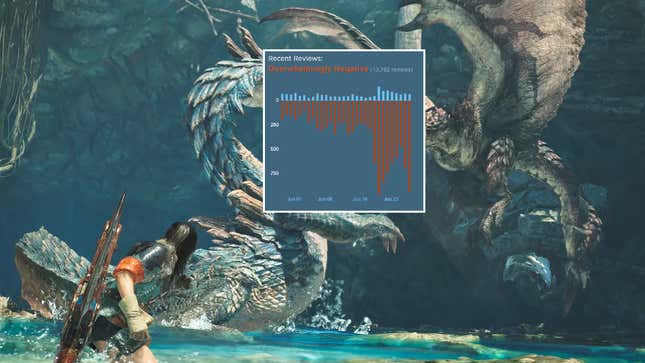 A hunter looks up at a negative review chart. 