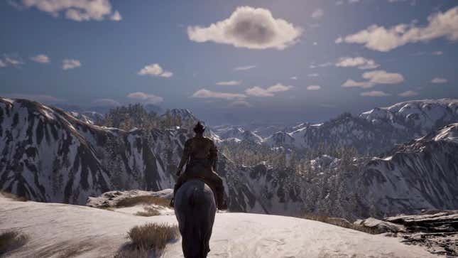 The player character looks out over a mountain landscape while riding on horseback.