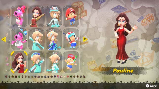 A screenshot shows outfit selections for various characters.