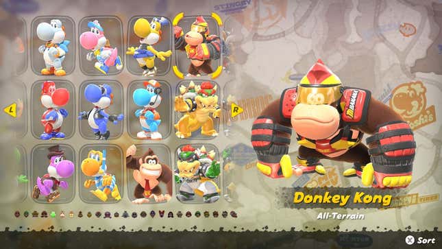 A screenshot shows outfit selections for various characters.