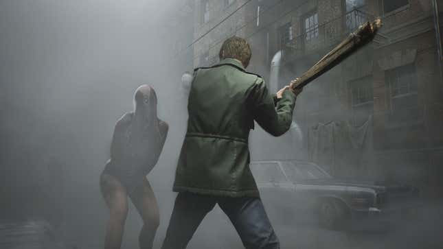 An image shows James fighting a monster in the fog.