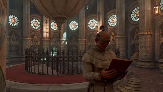 A blindfolded NPC holds a book open.