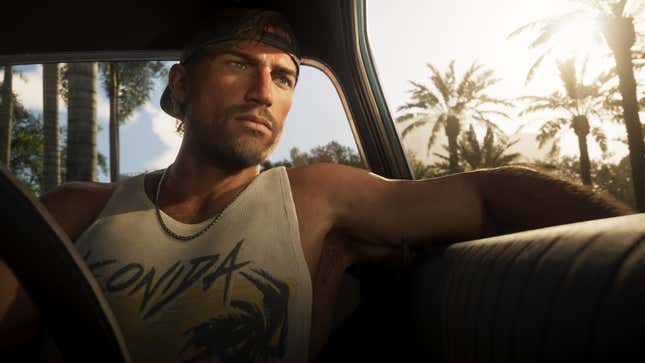 Jason is seen behind the wheel of a car with palm trees in the background in an image from GTA VI.