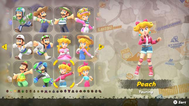 A screenshot shows outfit selections for various characters.