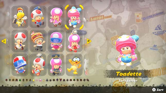 A screenshot shows outfit selections for various characters.