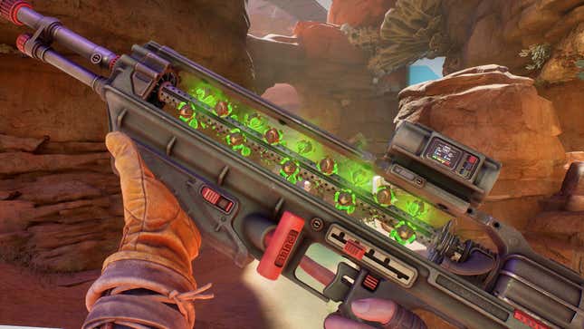 A character looks at their weapon.