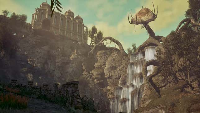 A waterfall streams down under a large mushroom.