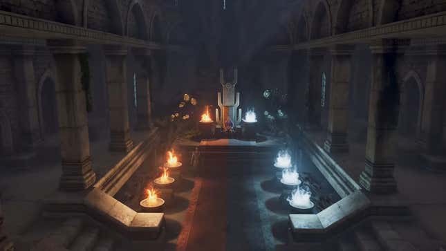 Flames erupt from braziers in a castle hall.